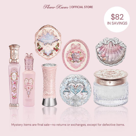 Flower Knows Joyful Glow Mystery Set - Surprise Makeup Bundle with 6 Items, Lipstick, Blush, Highlighter, and Primer, Ideal Gift for Girls, Women, or Friends